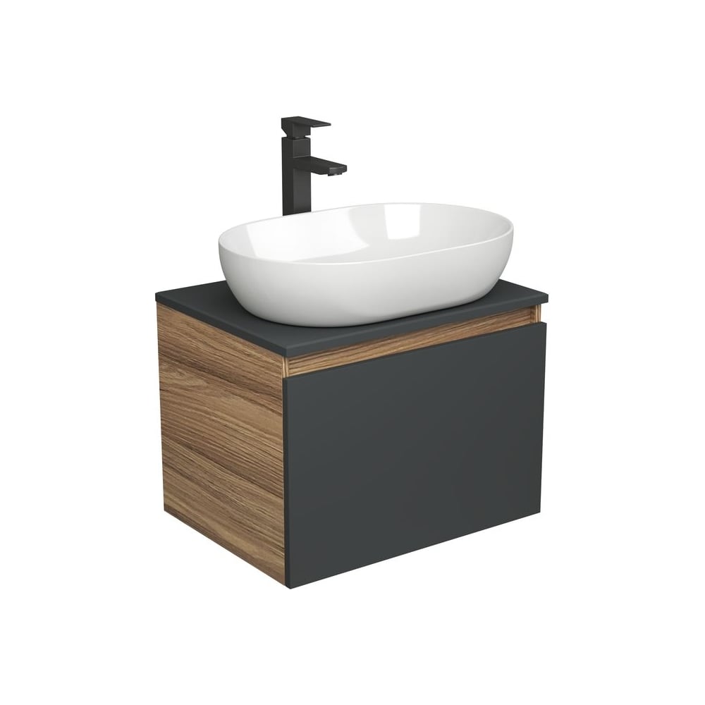 Комплект для ванной Bauedge 3 предмета (тумба подвесная Bau Blackwood 60 графит + раковина BAU 59x40, смеситель высокий Hotel Black, черный) BD2653