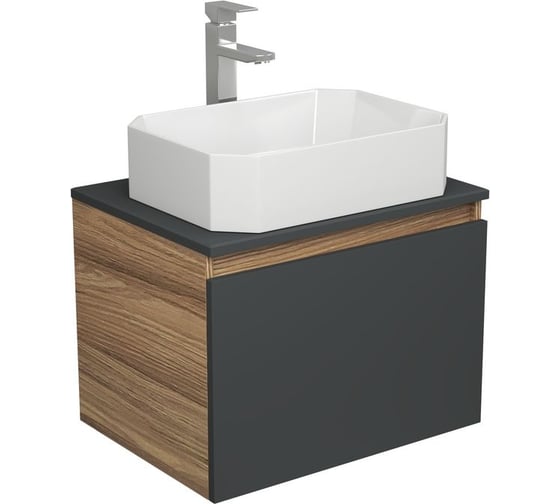 Изображение товара Комплект для ванной Bauedge 3 предмета (тумба подвесная Bau Blackwood 60 графит + раковина BAU Hotel 51x37, смеситель высокий Hotel Still, нерж. сталь) BD2642