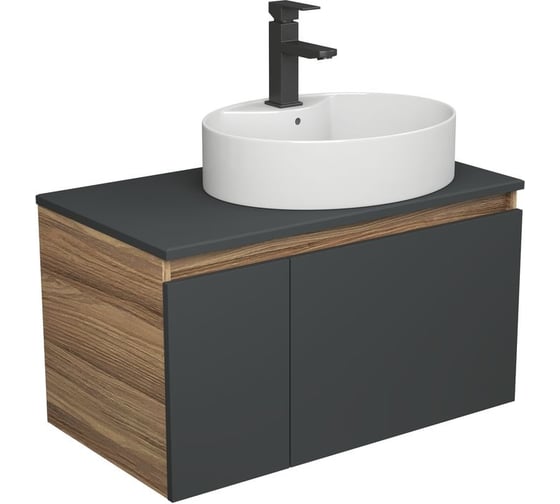 Изображение товара Комплект для ванной Bauedge 3 предмета (тумба подвесная Bau Blackwood 80 графит + раковина BAU 51x41, с отв. под см-ль, смеситель Hotel Black, черный) BD2755