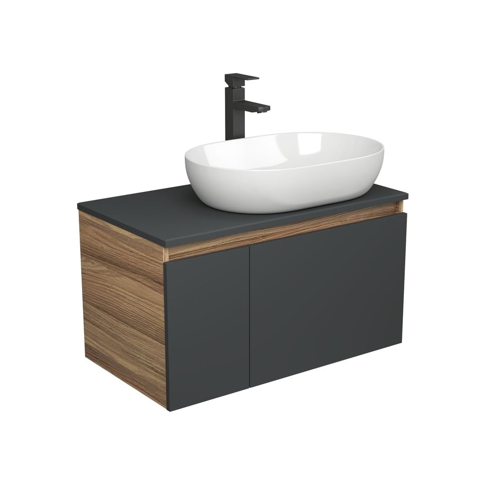 Комплект для ванной Bauedge 3 предмета (тумба подвесная Bau Blackwood 80 графит + раковина BAU 59x40, смеситель высокий Hotel Black, черный) BD2730