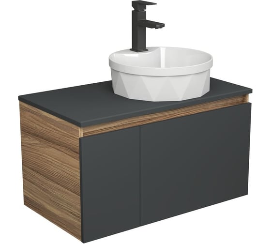 Изображение товара Комплект для ванной Bauedge 3 предмета (тумба подвесная Bau Blackwood 80 графит + раковина BAU D40, с отв. под см-ль, смеситель Hotel Black, черный) BD2739