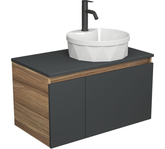 Изображение товара Комплект для ванной Bauedge 3 предмета (тумба подвесная Bau Blackwood 80 графит + раковина BAU D40, с отв. под см-ль, смеситель Dream Black, черный) BD2741