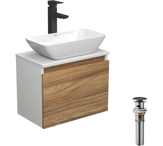 Изображение товара Комплект для ванной Bauedge 4 предмета (тумба Bau Dream 50 + раковина чаша BAU 47x24, белая + смеситель Hotel Black, выпуск клик-клак, черный) BD1608