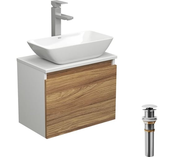 Изображение товара Комплект для ванной Bauedge 4 предмета (тумба Bau Dream 50 + раковина чаша BAU 47x24, белая + смеситель Hotel Still, выпуск клик-клак, белый) BD1607