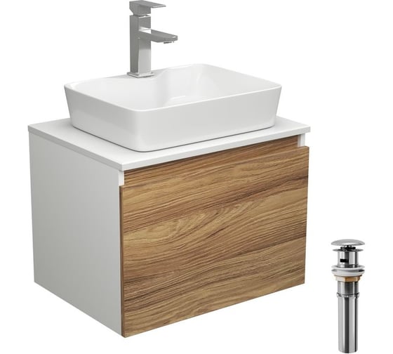 Изображение товара Комплект для ванной Bauedge 4 предмета (тумба Bau Dream 60 + раковина BAU 48x37, с отв. под смеситель + смеситель Hotel Still, выпуск клик-клак, хром) BD1871