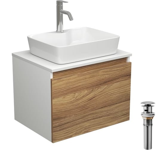 Изображение товара Комплект для ванной Bauedge 4 предмета (тумба Bau Dream 60 + раковина BAU 48x37, с отв. под смеситель + смеситель Dream, выпуск клик-клак, хром) BD1874