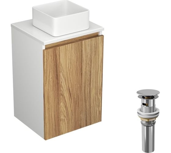 Изображение товара Тумба с раковиной и выпуском Bauedge (тумба Bau Dream Blackwood 40, умывальник BAU Mini 24x24, выпуск клик клак, хром) BD1143