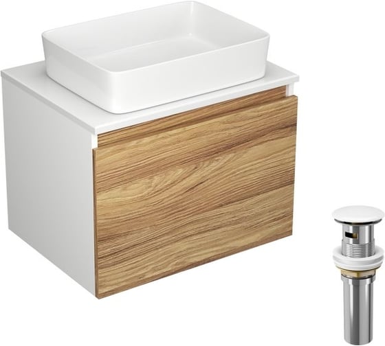 Изображение товара Тумба с раковиной и выпуском Bauedge (тумба Bau Dream Blackwood 60, умывальник BAU Hotel 48x37, выпуск клик клак, белый) BD1363