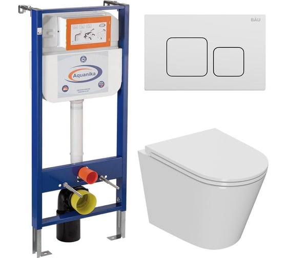 Изображение товара Комплект Bauedge BAU 6 в 1: инсталляция BAU Aquanika, унитаз безободковый торнадо обратного потока Bau Nimb Hurricane-3, сиденье дюропласт микролифт, кнопка смыва BAU Soul, белая 10.702.450.00.00-Q00014-BK0001-HQ3