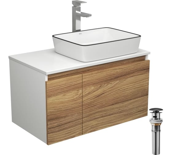 Изображение товара Комплект для ванной Bauedge 4 предмета (тумба Bau Dream 80 + раковина BAU 48x37, белая + смеситель Hotel Still, выпуск клик-клак, черный) BD1755