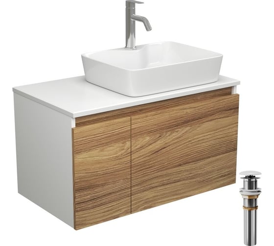 Изображение товара Комплект для ванной Bauedge 4 предмета (тумба Bau Dream 80 + раковина BAU 48x37, с отв. под смеситель + смеситель Dream, выпуск клик-клак, белый) BD1903
