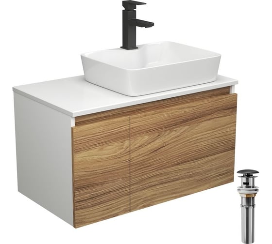 Изображение товара Комплект для ванной Bauedge 4 предмета (тумба Bau Dream 80 + раковина BAU 48x37, с отв. под смеситель + смеситель Hotel Black, выпуск клик-клак, черный) BD1901