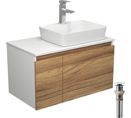 Изображение товара Комплект для ванной Bauedge 4 предмета (тумба Bau Dream 80 + раковина BAU 48x37, с отв. под смеситель + смеситель Hotel Still, выпуск клик-клак, белый) BD1900