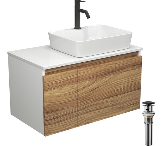 Изображение товара Комплект для ванной Bauedge 4 предмета (тумба Bau Dream 80 + раковина BAU 48x37, с отв. под смеситель + смеситель Dream Black, выпуск клик-клак, черный) BD1904