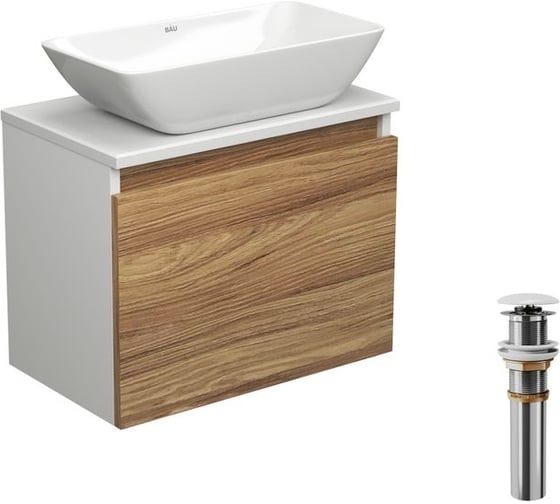 Изображение товара Тумба с раковиной и выпуском Bauedge (тумба подвесная Bau Dream 50 + раковина чаша BAU Spectrum mini 47x24, белая, выпуск клик-клак, белый) BD1602