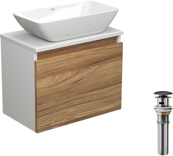 Изображение товара Тумба с раковиной и выпуском Bauedge (тумба подвесная Bau Dream 50 + раковина чаша BAU Spectrum mini 47x24, белая, выпуск клик-клак, черный) BD1603