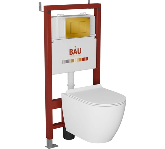 Изображение товара Комплект Bauedge BAU 6 в 1: инсталляция BAU PRO, унитаз подвесной безободковый Bau Dream 49,5x36, сиденье дюропласт микролифт, клавиша BAU Stil, золото Q111300-BL0001-Q00013
