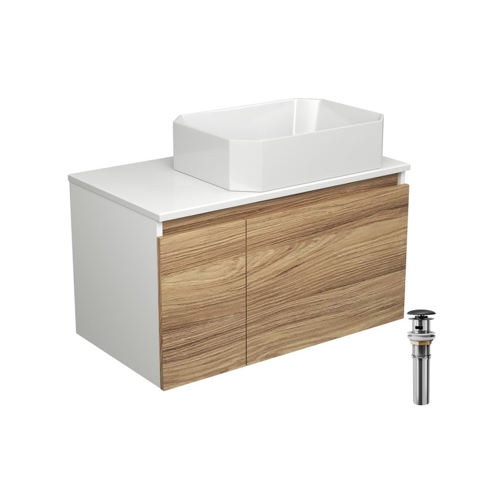 Изображение товара Тумба с раковиной Bauedge 80 см подвесная белая дубовая с системой хранения