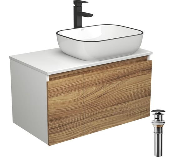 Изображение товара Комплект для ванной Bauedge 4 предмета (тумба Bau Dream 80 + раковина BAU 50x40, белая + смеситель Hotel Black, выпуск клик-клак, черный) BD1768