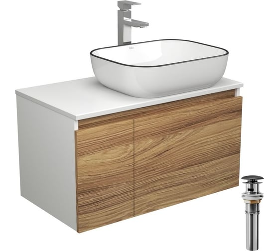 Изображение товара Комплект для ванной Bauedge 4 предмета (тумба Bau Dream 80 + раковина BAU 50x40, белая + смеситель Hotel Still, выпуск клик-клак, черный) BD1765