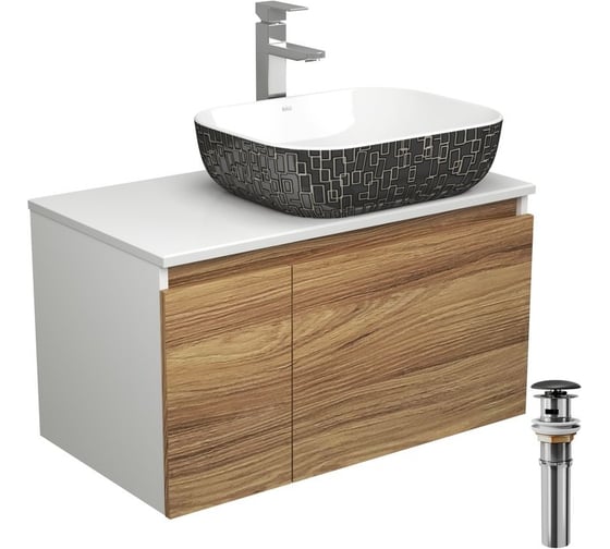 Изображение товара Комплект для ванной Bauedge 4 предмета (тумба Bau Dream 80 + раковина BAU 50x40, белая/черная + смеситель Hotel Still, выпуск клик-клак, черный) BD1775