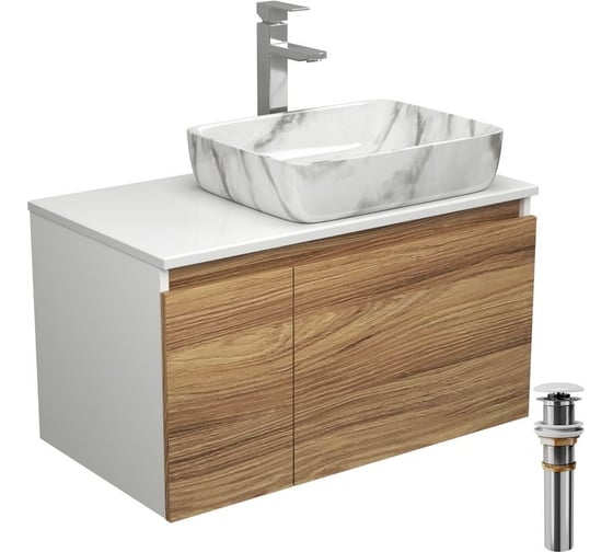 Изображение товара Комплект для ванной Bauedge 4 предмета (тумба Bau Dream 80 + раковина BAU 51x39, мрамор + смеситель Hotel Still, выпуск клик-клак, белый) BD1807