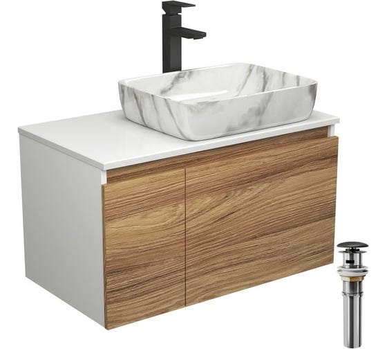 Изображение товара Комплект для ванной Bauedge 4 предмета (тумба Bau Dream 80 + раковина BAU 51x39, мрамор + смеситель Hotel Black, выпуск клик-клак, черный) BD1808