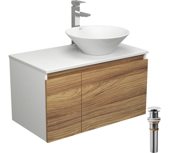 Изображение товара Комплект для ванной Bauedge 4 предмета (тумба Bau Dream 80 + раковина BAU D43, белая + смеситель Hotel Still, выпуск клик-клак, белый) BD1787