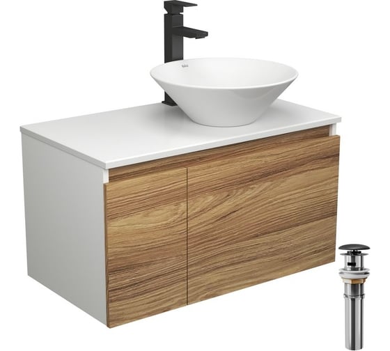 Изображение товара Комплект для ванной Bauedge 4 предмета (тумба Bau Dream 80 + раковина BAU D43, белая + смеситель Hotel Black, выпуск клик-клак, черный) BD1788