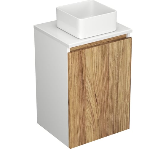 Изображение товара Комплект для ванной Bauedge 4 предмета (Тумба Bau Dream Blackwood 40, раковина BAU Mini 24x24, смеситель для раковины высокий Hotel Still, нержавеющая сталь, выпуск клик клак, белый) BD1521