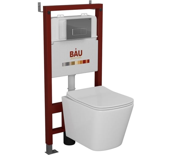Изображение товара Комплект Bauedge BAU 6 в 1: инсталляция BAU PRO, унитаз подвесной безободковый Bau Stil 51x35, сиденье дюропласт микролифт, клавиша BAU Hotel, хром Q111300-BS0002-Q00007