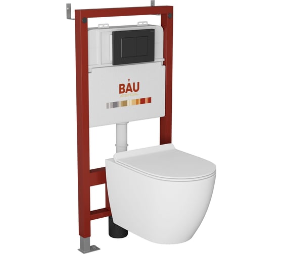Изображение товара Комплект Bauedge BAU 6 в 1: инсталляция BAU PRO, унитаз подвесной безободковый Bau Dream 49,5x36, сиденье дюропласт микролифт, клавиша BAU Stil, черная матовая Q111300-BL0001-Q00003