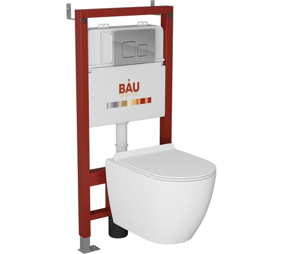 Изображение товара Комплект Bauedge BAU 6 в 1: инсталляция BAU PRO, унитаз подвесной безободковый Bau Dream 49,5x36, сиденье дюропласт микролифт, клавиша BAU Soul, хром Q111300-BL0001-Q00016