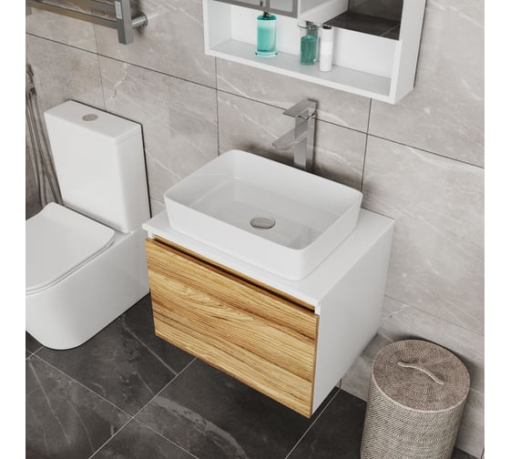 Изображение товара Комплект для ванной Bauedge 3 предмета (тумба Bau Dream Blackwood 60, раковина BAU Hotel 48x37, смеситель для раковины высокий Hotel Still, нержавеющая сталь) BD1543