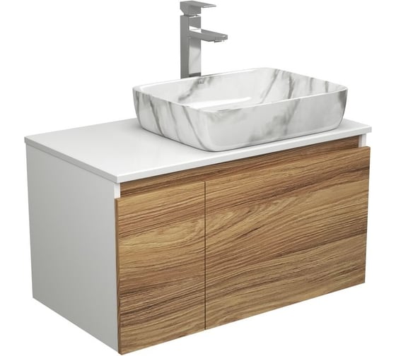 Изображение товара Комплект для ванной Bauedge 3 предмета (тумба Bau Dream Blackwood 80 + раковина BAU Hotel 51x39, мрамор, смеситель высокий Hotel Still) BD1800