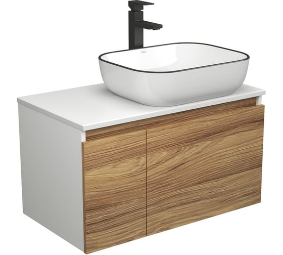 Изображение товара Комплект для ванной Bauedge 3 предмета (тумба Bau Dream Blackwood 80 + раковина BAU Stil Black Rand 50x40, белая, смеситель высокий Hotel Black) BD1761