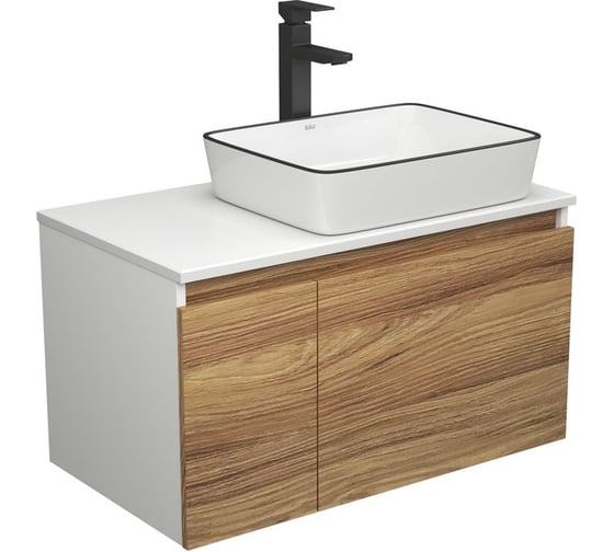 Изображение товара Комплект для ванной Bauedge 3 предмета (тумба Bau Dream Blackwood 80 + раковина BAU Hotel Black Rand 48x37, белая, смеситель высокий Hotel Black) BD1751