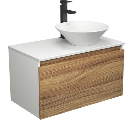 Изображение товара Комплект для ванной Bauedge 3 предмета (тумба Bau Dream Blackwood 80 + раковина BAU Dream D43, белая, смеситель высокий Hotel Black) BD1781