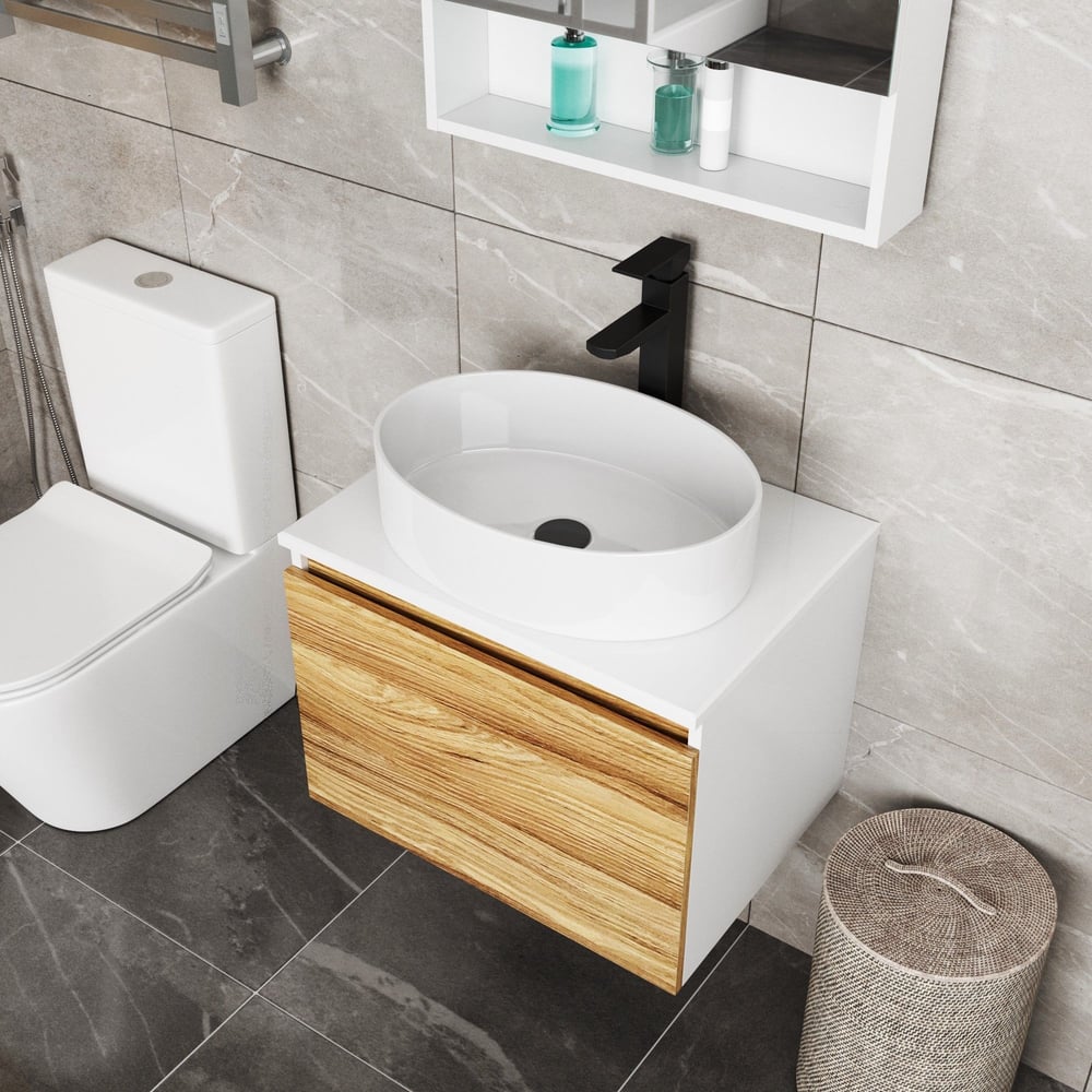 Изображение товара Комплект для ванной Bauedge 3 предмета (тумба Bau Dream Blackwood 60, раковина BAU Nimb 50x36, смеситель для раковины высокий Hotel Black, черный) BD1554