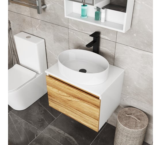 Изображение товара Комплект для ванной Bauedge 3 предмета (тумба Bau Dream Blackwood 60, раковина BAU Nimb 50x36, смеситель для раковины высокий Hotel Black, черный) BD1554