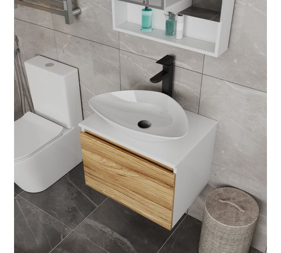 Изображение товара Комплект для ванной Bauedge 3 предмета (тумба Bau Dream Blackwood 60, раковина BAU Triangle 59x39, смеситель для раковины высокий Hotel Black, черный) BD1548