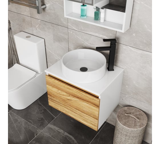 Изображение товара Комплект для ванной Bauedge 3 предмета (тумба Bau Dream Blackwood 60, раковина BAU Dream круглая D41, смеситель для раковины высокий Hotel Black, черный) BD1560