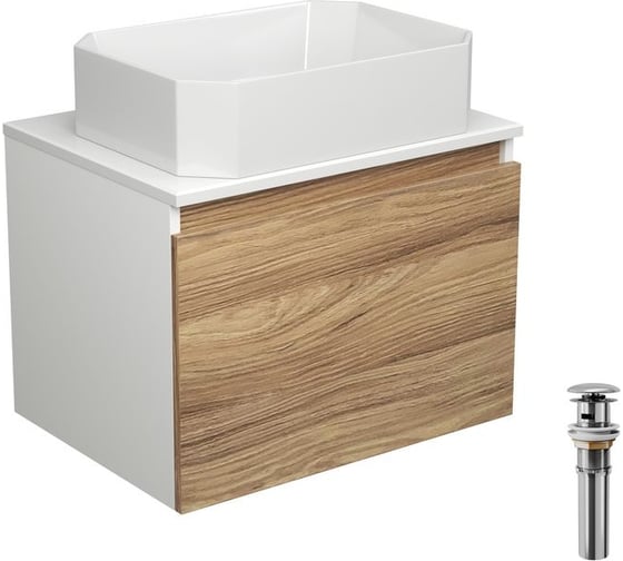 Изображение товара Тумба с раковиной и выпуском Bauedge (тумба подвесная Bau Dream Blackwood 60 + раковина санфаянс накладная прямоугольная BAU Hotel 51x37, белая, выпуск) BD2482