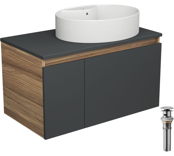 Изображение товара Тумба с раковиной и выпуском Bauedge (тумба подвесная Bau Dream Blackwood 80 графит + раковина накладная BAU Nimb 51x41, с отв. под смеситель, белая, выпуск) BD2760