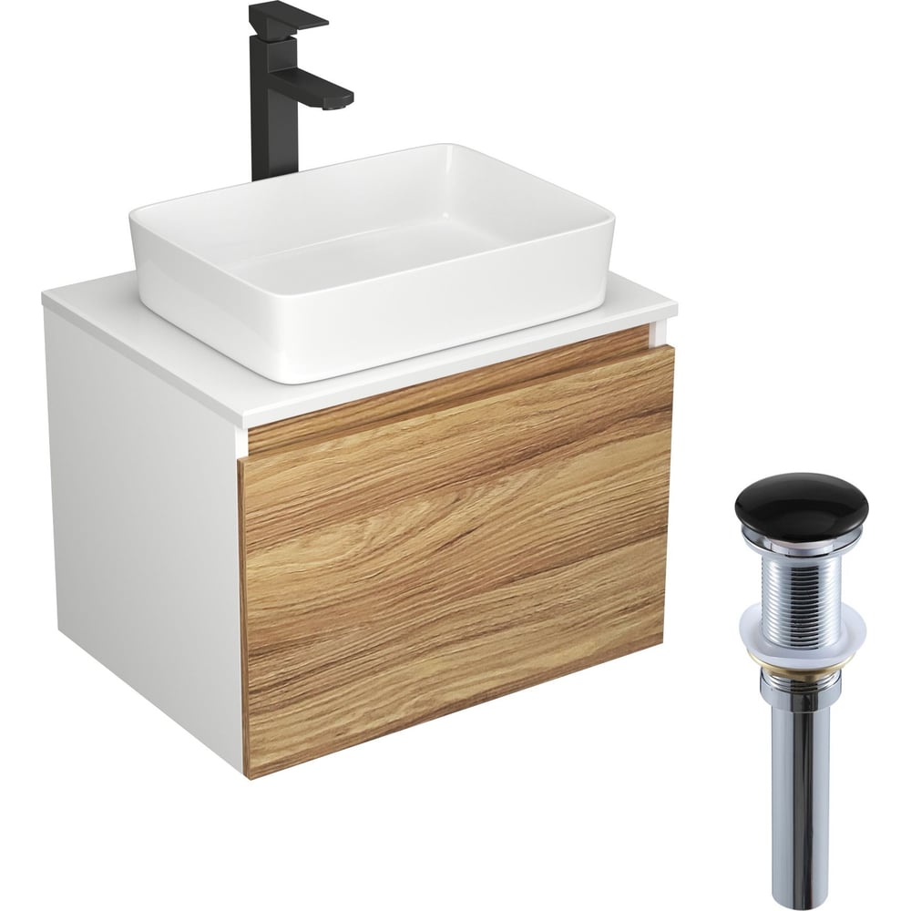 Изображение товара Комплект для ванной Bauedge 4 предмета тумба раковина смеситель черный белый