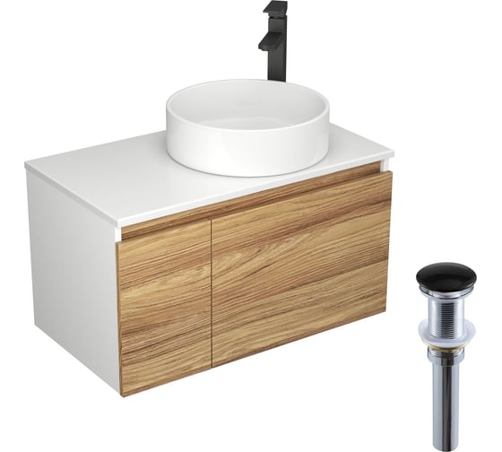 Изображение товара Комплект для ванной Bauedge 4 предмета (тумба Bau Dream Blackwood 80, раковина BAU Dream круглая D41, смеситель для раковины высокий Hotel Black, черный, выпуск клик клак, черный) BD1588