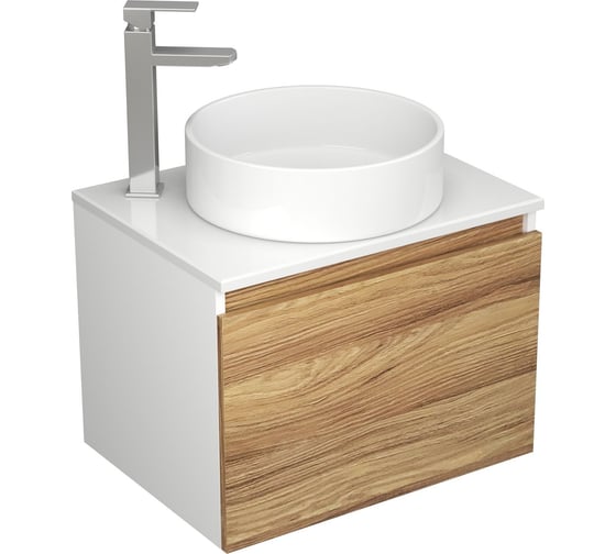 Изображение товара Комплект для ванной Bauedge 4 предмета (тумба Bau Dream Blackwood 60, раковина BAU ream круглая D41, смеситель для раковины высокий Hotel Still, нержавеющая сталь, выпуск клик клак, белый) BD1563