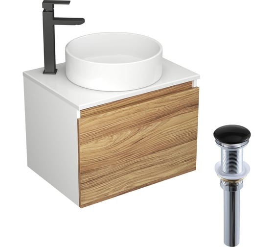 Изображение товара Комплект для ванной Bauedge 4 предмета (тумба Bau Dream Blackwood 60, раковина BAU ream круглая D41, смеситель для раковины высокий Hotel Black, черный, выпуск клик клак, черный) BD1564