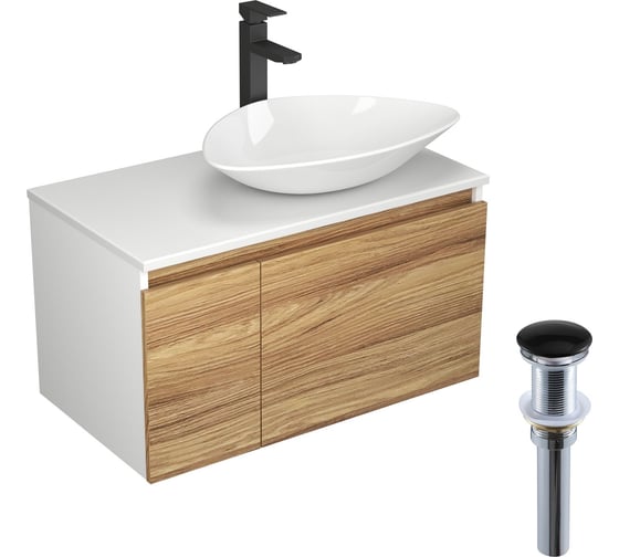 Изображение товара Комплект для ванной Bauedge 4 предмета (тумба Bau Dream Blackwood 80, раковина BAU Triangle 59x39, смеситель для раковины высокий Hotel Black, черный, выпуск клик клак, черный) BD1576