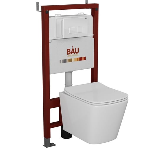 Изображение товара Комплект Bauedge BAU 6 в 1: инсталляция BAU PRO, унитаз подвесной безободковый Bau Stil 51x35, сиденье дюропласт микролифт, клавиша BAU Hotel, белый глянец Q111300-BS0002-Q00006